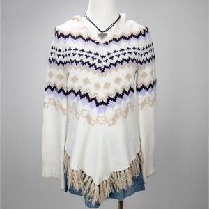 Vintage Boho Knit Fringe Hoodie - Fair Isle Cream Sweater - 90s Cozy Y2K‎